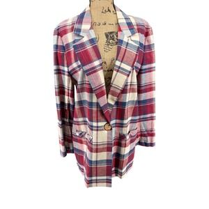 Eagle River Traders Blazer Wmn 14 Red Plaid Cotton Linen Single Button‎ USA Made